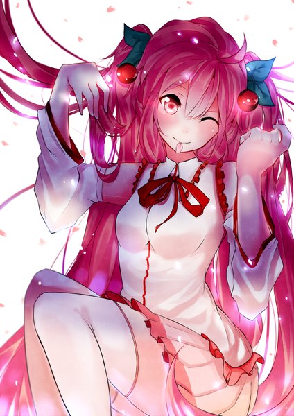 Anime picture 2480x3507 with vocaloid hatsune miku sakura miku gus yoga single long hair tall image looking at viewer highres breasts simple background smile white background sitting twintails pink hair pleated skirt one eye closed pink eyes wink