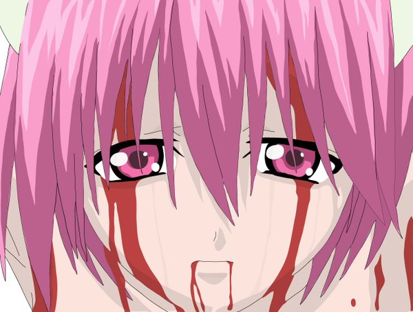 Anime picture 1280x970 with elfen lied arms corporation nana (elfen lied) single looking at viewer short hair pink hair pink eyes horn (horns) armpit (armpits) sad girl blood