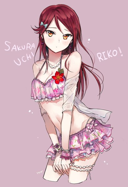 Anime picture 2126x3108 with love live! sunshine!! sunrise (studio) love live! sakurauchi riko hyugo single long hair tall image looking at viewer blush highres breasts light erotic simple background hair between eyes signed yellow eyes red hair bare belly character names