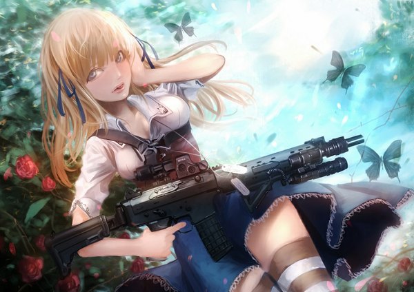 Anime picture 939x665 with alice in wonderland alice (wonderland) koh (minagi kou) single long hair fringe breasts open mouth blue eyes blonde hair standing holding parted lips lips sunlight alternate costume open collar girl thighhighs flower (flowers)