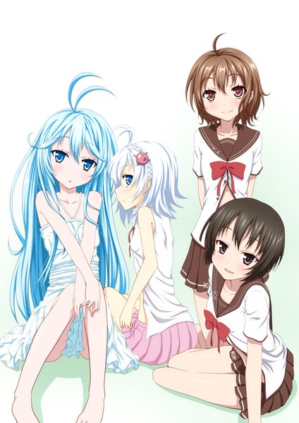 Anime picture 1240x1754 with denpa onna to seishun otoko shaft (studio) touwa erio mifune ryuuko maekawa hoshimiya yashiro iyakun (artist) long hair tall image short hair blue eyes light erotic black hair simple background brown hair white background multiple girls brown eyes blue hair ahoge