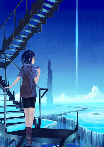 Anime picture 1000x1412 with original ac (eshi) single tall image short hair black hair from behind girl shorts stairs backpack