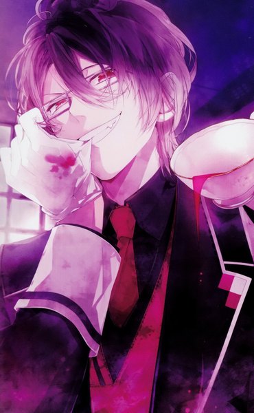 Anime picture 1042x1689 with diabolik lovers idea factory sakamaki reiji tagme (artist) tall image looking at viewer short hair smile purple eyes purple hair boy gloves glasses necktie cup