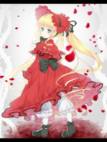 Anime picture 1300x1716 with rozen maiden suigintou turukokoko single long hair tall image blush blue eyes blonde hair twintails looking back loli lolita fashion girl dress flower (flowers) bow petals headdress rose (roses)