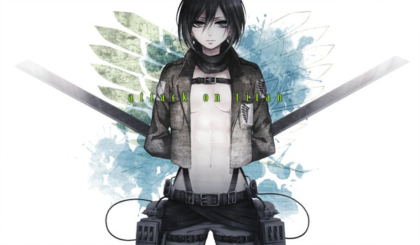 Anime picture 1500x875 with shingeki no kyojin production i.g mikasa ackerman looking at viewer short hair light erotic black hair simple background wide image holding black eyes no bra topless dual wielding uniform weapon sword wings belt scarf