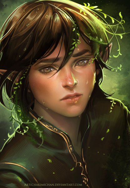 Anime picture 1037x1500 with original sakimichan single tall image looking at viewer short hair brown hair brown eyes signed lips pointy ears realistic wet elf green background boy plant (plants) water drop
