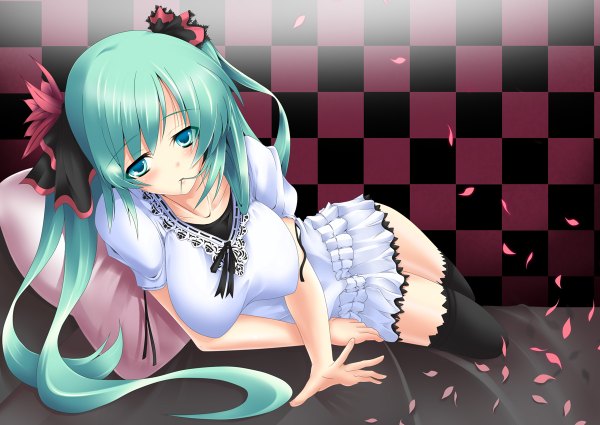 Anime picture 1200x850 with vocaloid hatsune miku nana (artist) blue eyes light erotic green hair mouth hold checkered checkered background girl thighhighs petals pillow