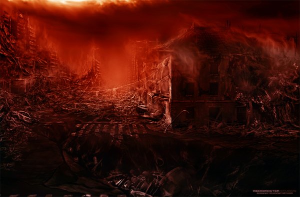 Anime picture 1282x840 with mediamaster sky city smoke red background landscape ruins street destruction post-apocalyptic ground vehicle car