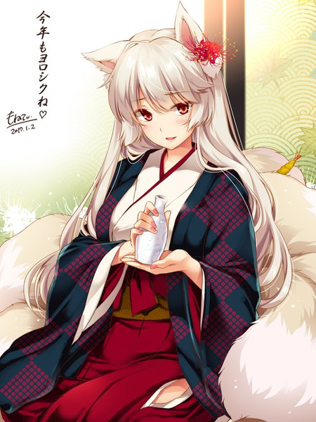 Anime picture 1200x1600 with flower knight girl higanbana (flower knight girl) moneti (daifuku) single long hair tall image looking at viewer blush fringe hair between eyes red eyes holding signed animal ears payot silver hair indoors tail long sleeves nail polish