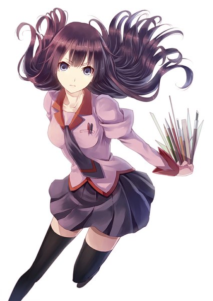 Anime picture 708x1000 with bakemonogatari shaft (studio) monogatari (series) senjougahara hitagi paseri single long hair tall image looking at viewer fringe breasts simple background white background purple eyes holding purple hair pleated skirt zettai ryouiki serious girl