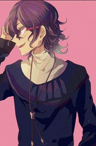 Anime picture 552x837 with yowamushi pedal teshima junta ailm single tall image short hair open mouth simple background smile purple eyes purple hair profile hand on hip wavy hair pink background bespectacled boy glasses sweater turtleneck