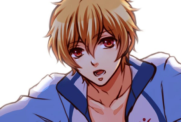 Anime picture 800x541 with free! kyoto animation hazuki nagisa rio (rio 01) single looking at viewer fringe short hair open mouth simple background blonde hair white background pink eyes boy