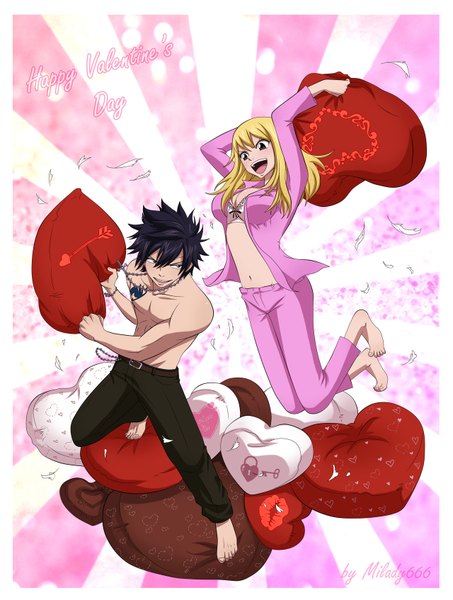 Anime picture 1280x1693 with fairy tail lucy heartfilia gray fullbuster milady666 long hair tall image short hair open mouth black hair blonde hair smile brown eyes barefoot black eyes inscription tattoo muscle framed jumping valentine