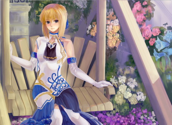 Anime picture 1800x1311 with fate (series) fate/stay night studio deen type-moon artoria pendragon (all) saber kenbuo single long hair blush highres short hair blue eyes blonde hair sitting bare shoulders girl thighhighs dress gloves