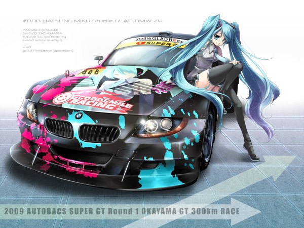 Anime picture 1200x900 with vocaloid bmw hatsune miku girl thighhighs ground vehicle car