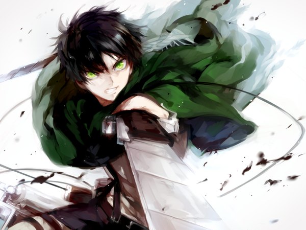 Anime picture 1600x1200 with shingeki no kyojin production i.g eren yaeger matsunaka hiro single looking at viewer short hair black hair holding green eyes dual wielding clenched teeth boy weapon sword belt cape rope