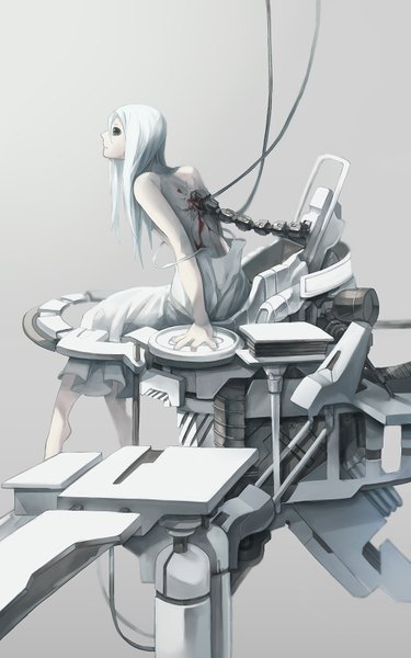 Anime picture 1037x1660 with kz-kura single long hair tall image sitting white hair black eyes mechanical girl blood sundress wire (wires)