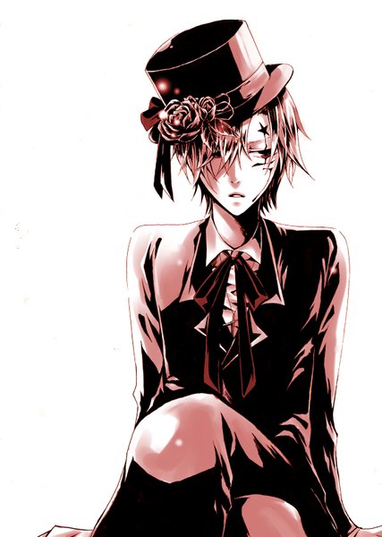 Anime picture 1123x1576 with d.gray-man allen walker single tall image short hair open mouth simple background white background looking away facial mark boy flower (flowers) bow hat suit top hat