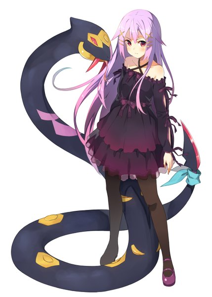 Anime picture 1000x1399 with pokemon original nintendo seviper kinta (distortion) single long hair tall image looking at viewer blush fringe simple background standing white background bare shoulders purple hair gen 3 pokemon girl dress hair ornament