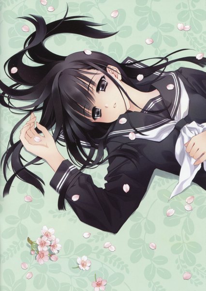 Anime picture 4234x5963 with original carnelian single long hair tall image highres black hair absurdres lying cherry blossoms girl uniform petals serafuku