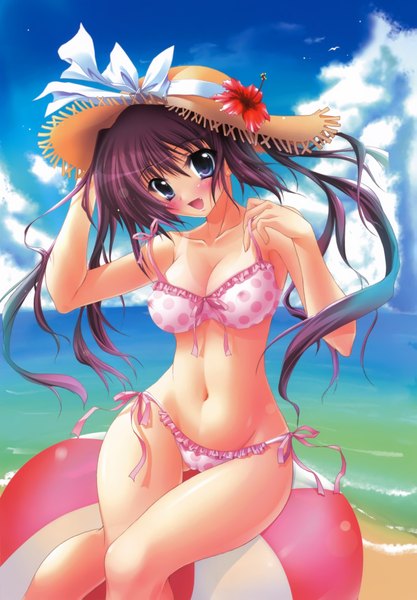 Anime picture 2813x4047 with izumi tsubasu single tall image highres blue eyes light erotic purple hair cloud (clouds) beach girl swimsuit bikini beachball polka dot bikini