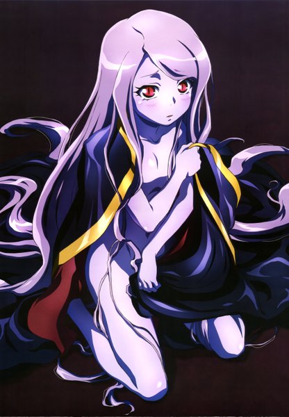 Anime picture 4084x5891 with overlord (maruyama) madhouse nyantype shalltear bloodfallen single tall image looking at viewer blush fringe highres light erotic red eyes payot absurdres purple hair very long hair official art embarrassed kneeling vampire