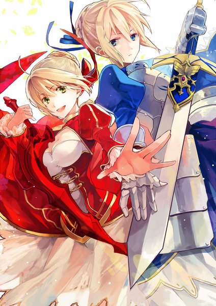 Anime picture 800x1131 with fate (series) fate/stay night fate/zero fate/extra studio deen type-moon artoria pendragon (all) saber nero claudius (fate) (all) nero claudius (fate) toryufu tall image looking at viewer breasts open mouth blue eyes multiple girls holding green eyes looking away