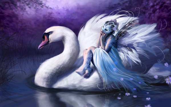 Anime picture 1920x1200 with bente schlick highres wide image realistic landscape fantasy lake flower (flowers) animal wings water bird (birds) feather (feathers) mask swan