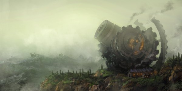Anime picture 1200x600 with original ddal wide image smoke mountain landscape fog weapon gun house gears