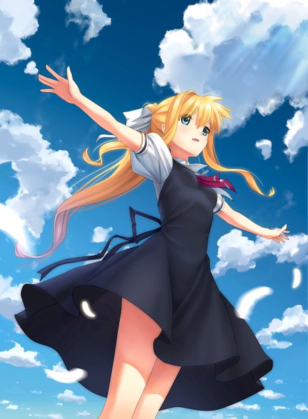 Anime picture 936x1271 with air key (studio) kamio misuzu guang yiren single long hair tall image looking at viewer blush open mouth blonde hair sky cloud (clouds) ponytail girl dress feather (feathers)