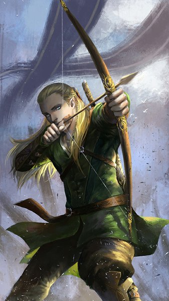 Anime picture 562x1000 with lord of the rings the hobbit legolas ly hao nguyen single long hair tall image blue eyes blonde hair braid (braids) pointy ears elf boy weapon belt bow (weapon) arrow (arrows)