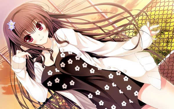 Anime picture 1054x659 with scramble lovers kiryuu sarasa tagme (artist) single long hair looking at viewer blush breasts black hair smile red eyes large breasts game cg sky cloud (clouds) hair flower adjusting hair evening sunset girl