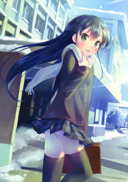 Anime picture 2115x3000 with takoyaki (roast) single long hair tall image looking at viewer blush highres open mouth blue eyes black hair scan girl thighhighs skirt uniform black thighhighs school uniform jacket scarf school