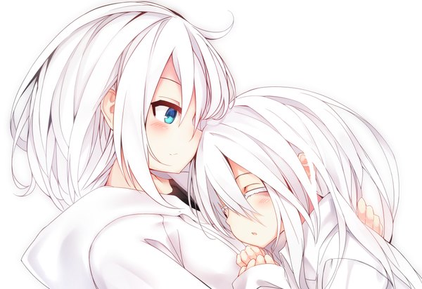 Anime picture 1000x688 with original ringo-chan (otokuyou) shiroi ko (otokuyou) otokuyou blush fringe blue eyes simple background hair between eyes white background multiple girls payot white hair eyes closed parted lips profile aqua eyes light smile hug sleeping