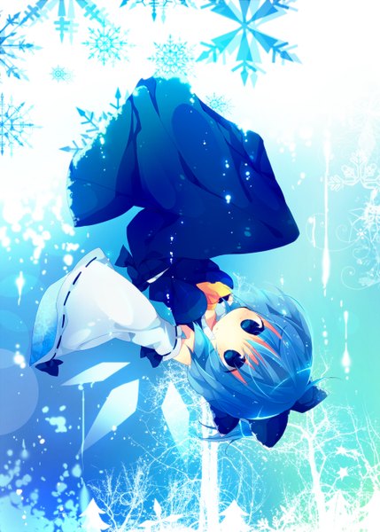 Anime picture 1036x1449 with touhou cirno ana (rznuscrf) single tall image short hair blue eyes blue hair loli snowing winter upside down hakurei reimu (cosplay) girl bow hair bow detached sleeves wings snowflake (snowflakes)