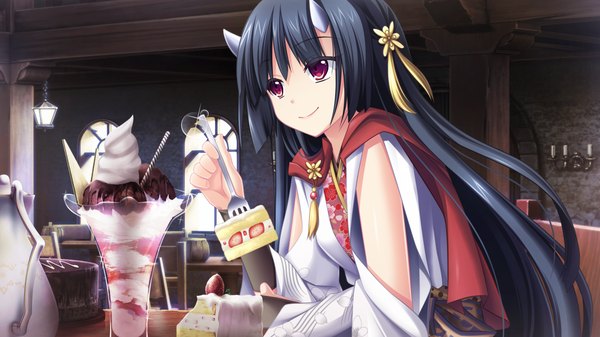 Anime picture 1280x720 with kami no rhapsody eushully tsumugi (kami no rhapsody) single long hair black hair smile red eyes wide image game cg horn (horns) light smile girl dress food sweets ice cream cake parfait
