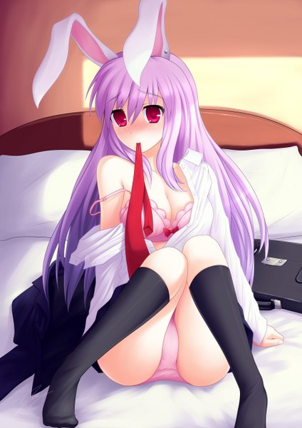 Anime picture 905x1280 with touhou reisen udongein inaba ricegnat single long hair tall image blush light erotic red eyes holding animal ears pink hair open clothes bunny ears open shirt mouth hold girl underwear panties bow