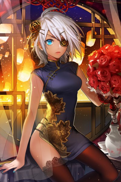 Anime picture 700x1050 with sword girls iri flina ddongu single tall image short hair blue eyes white hair chinese clothes girl thighhighs flower (flowers) black thighhighs rose (roses) eyepatch chinese dress bouquet