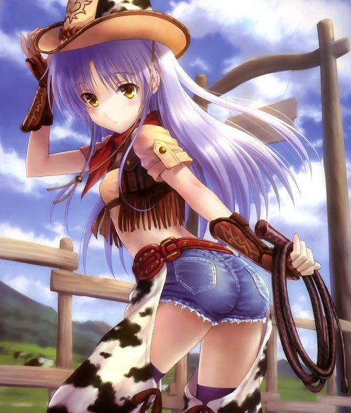 Anime picture 2138x2515 with angel beats! key (studio) tachibana kanade goto p single long hair tall image blush highres yellow eyes sky cloud (clouds) white hair looking back scan official art girl hat shorts whip