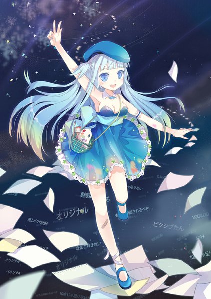 Anime picture 808x1147 with original pixiv-tan jin young-in single long hair tall image looking at viewer blush open mouth blue eyes bare shoulders white hair inscription loli girl dress bag beret paper paint