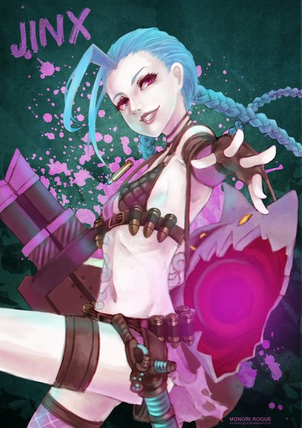 Anime picture 2480x3508 with league of legends jinx (league of legends) monori rogue single long hair tall image looking at viewer highres breasts smile blue hair pink eyes tattoo flat chest girl thighhighs gloves weapon fingerless gloves gun