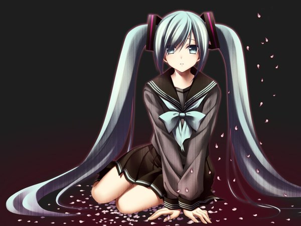 Anime picture 1600x1200 with vocaloid hatsune miku single looking at viewer blush fringe blue eyes hair between eyes sitting twintails blue hair bent knee (knees) very long hair pleated skirt girl skirt uniform hair ornament bow school uniform