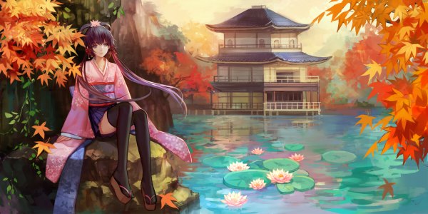 Anime picture 1200x600 with vocaloid vocaloid china luo tianyi ask (askzy) single long hair black hair wide image sitting green eyes full body japanese clothes wind floral print nature architecture east asian architecture girl thighhighs hair ornament
