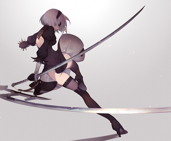 Anime picture 1000x827 with nier nier:automata yorha no. 2 type b ask (askzy) single short hair light erotic simple background full body bent knee (knees) profile from behind grey background high heels puffy sleeves gradient background spread arms soles leg lift (legs lift) fighting stance