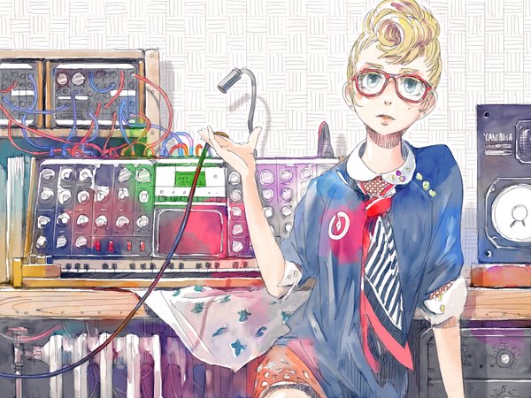 Anime picture 1600x1200 with original pomodorosa single long hair looking at viewer open mouth blue eyes blonde hair mole shadow striped casual pompadour girl glasses shorts heart wire (wires) paint machine