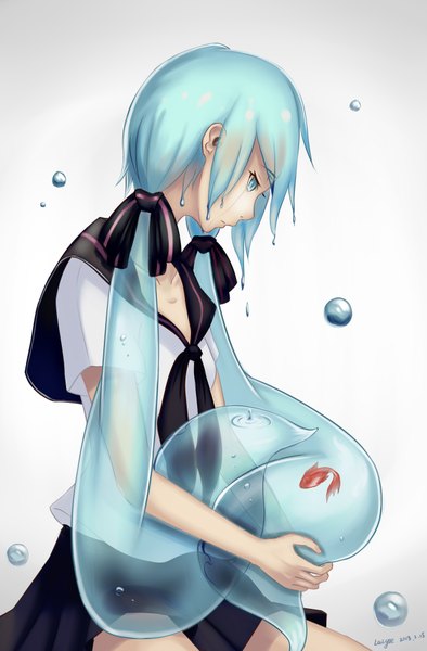 Anime picture 2500x3800 with vocaloid hatsune miku bottle miku wei ji single tall image highres very long hair profile aqua eyes aqua hair liquid hair girl bow hair bow serafuku bubble (bubbles) fish (fishes)