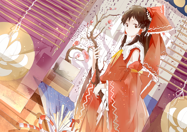 Anime picture 1061x750 with touhou hakurei reimu nanobe single long hair looking at viewer brown hair brown eyes traditional clothes miko girl bow hair bow detached sleeves branch large bow