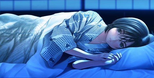 Anime picture 2560x1299 with amagami highres black hair wide image lying black eyes girl bed