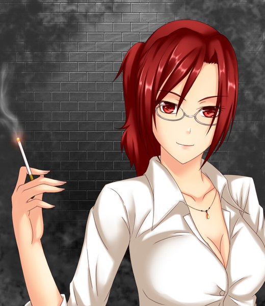 Anime picture 1300x1500 with type-moon aozaki touko shigure sugamu (pixiv id612509) single long hair tall image looking at viewer breasts red eyes large breasts red hair light smile girl shirt choker glasses cigarette