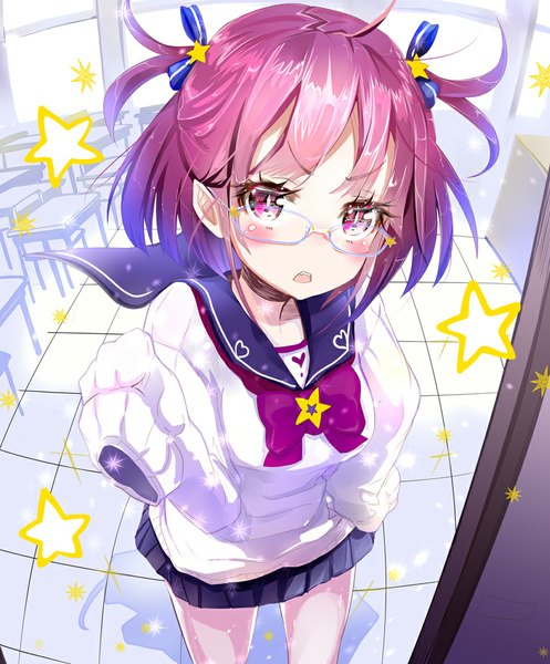 Anime picture 829x1000 with original keepout single tall image blush short hair open mouth purple eyes purple hair two side up girl uniform hair ornament glasses serafuku star (symbol) sweater star hair ornament